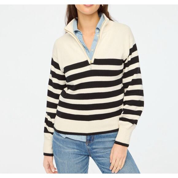 J. Crew Factory Women's Quarter Zip Pearl Zipper Striped Sweater L Large New - Picture 1 of 9